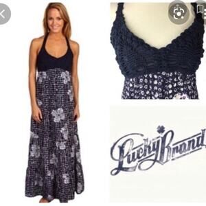 Lucky Brand John Robshaw Maxi Dress Crochet Halter Floral Size Small Blue Boho